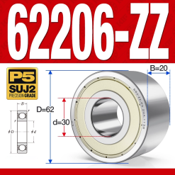 Vòng bi - bạc đạn 62206-ZZ (Bi cầu 2 dãy - Phớt kim loại - 30*62*20 mm)