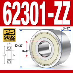 Vòng bi - bạc đạn 62301-ZZ (Bi cầu 2 dãy - Phớt kim loại - 12*37*17 mm)