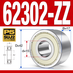 Vòng bi - bạc đạn 62302-ZZ (Bi cầu 2 dãy - Phớt kim loại - 15*42*17 mm)