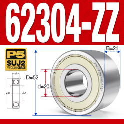 Vòng bi - bạc đạn 62304-ZZ (Bi cầu 2 dãy - Phớt kim loại - 20*52*21 mm)