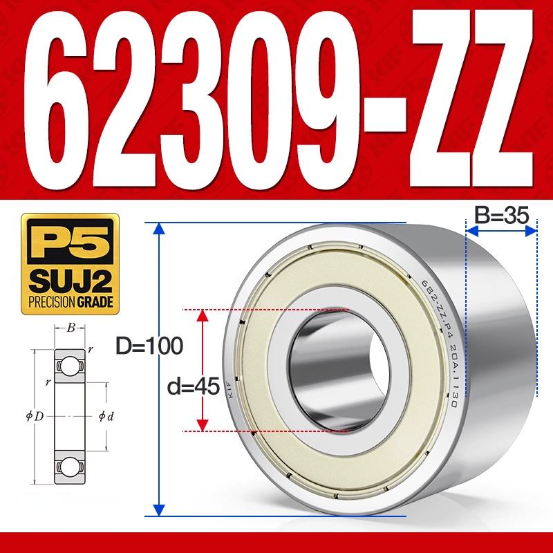 Vòng bi - bạc đạn 62309-ZZ (Bi cầu 2 dãy - Phớt kim loại - 45*100*35 mm)