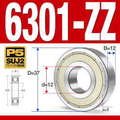 Vòng bi - bạc đạn 6301-ZZ  (Phớt cao su -  12*37*12 mm)