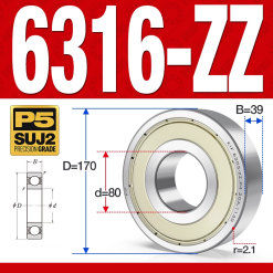 Vòng bi - bạc đạn 6316-ZZ (Phớt kim loại - 80*170*39 mm)