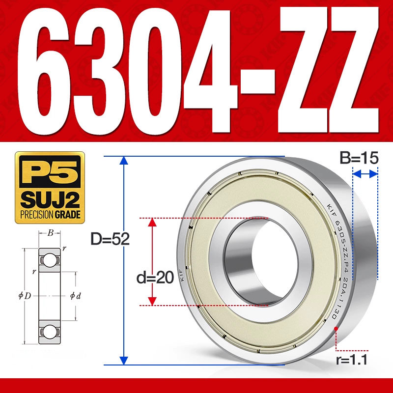 Vòng bi - bạc đạn 6304-ZZ  (Phớt cao su -  20*52*15 mm)