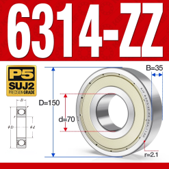 Vòng bi - bạc đạn 6314-ZZ (Phớt kim loại - 70*150*35 mm)