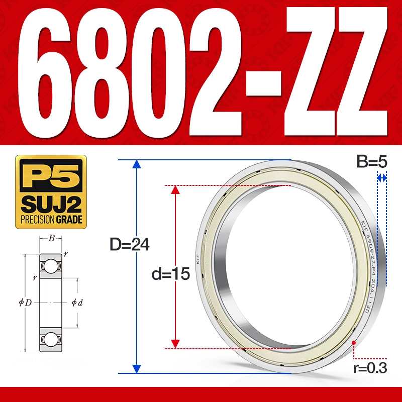 Vòng bi - bạc đạn 6802-ZZ  (Phớt kim loại -  15*24*5 mm)