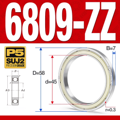 Vòng bi - bạc đạn 6809-ZZ  (Phớt kim loại -  45*58*7 mm)