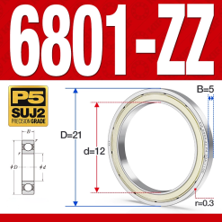Vòng bi - bạc đạn 6801-ZZ  (Phớt kim loại -  12*21*5 mm)