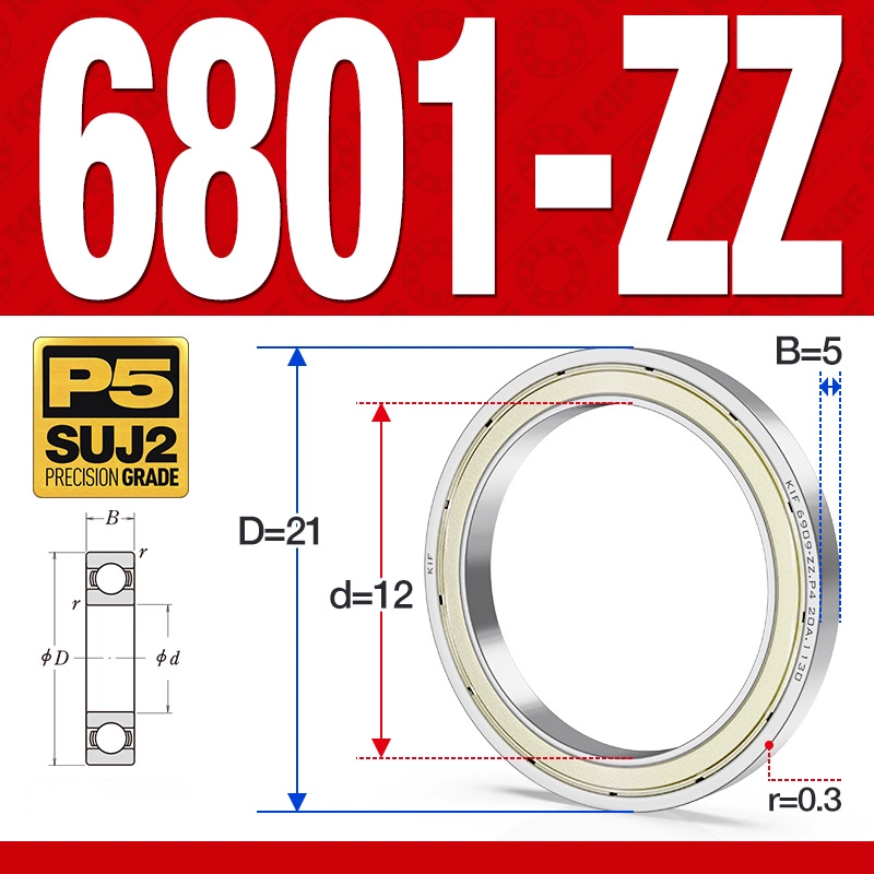Vòng bi - bạc đạn 6801-ZZ  (Phớt kim loại -  12*21*5 mm)