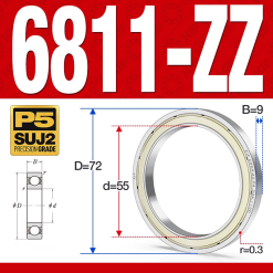 Vòng bi - bạc đạn 6811-ZZ  (Phớt kim loại -  55*72*9 mm)