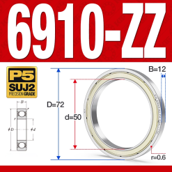Vòng bi - bạc đạn 6910-ZZ  (Phớt kim loại - 50*72*12 mm)