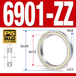 Vòng bi - bạc đạn 6901-ZZ  (Phớt kim loại -  12*24*6 mm)