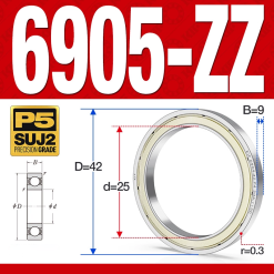 Vòng bi - bạc đạn 6905-ZZ  (Phớt kim loại -  25*42*9 mm)