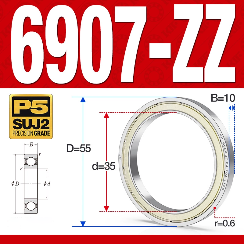 Vòng bi - bạc đạn 6907-ZZ  (Phớt kim loại - 35*55*10 mm)