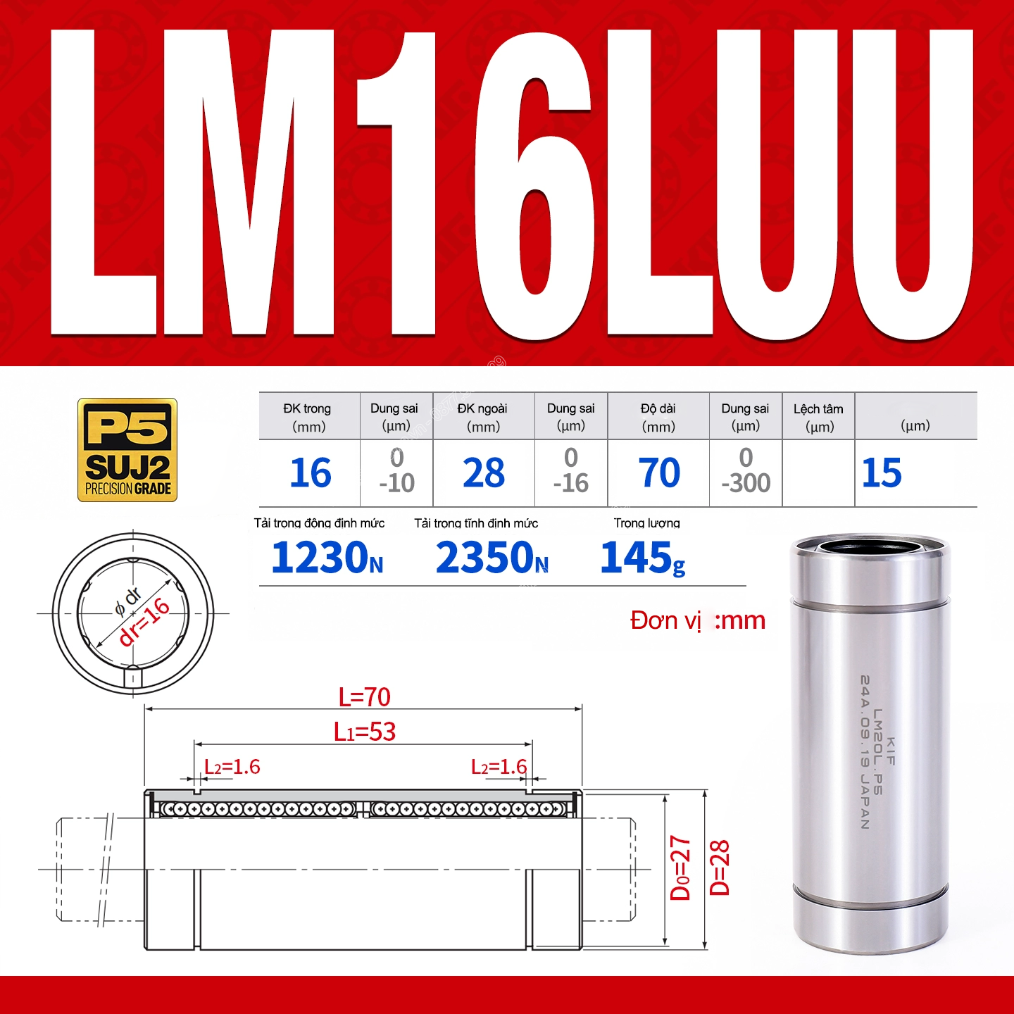 Con trượt tròn thân dài LM16LUU (Bi trượt tròn)