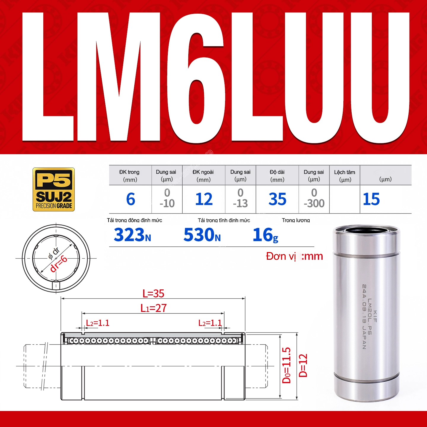 Con trượt tròn thân dài LM6LUU (Bi trượt tròn)