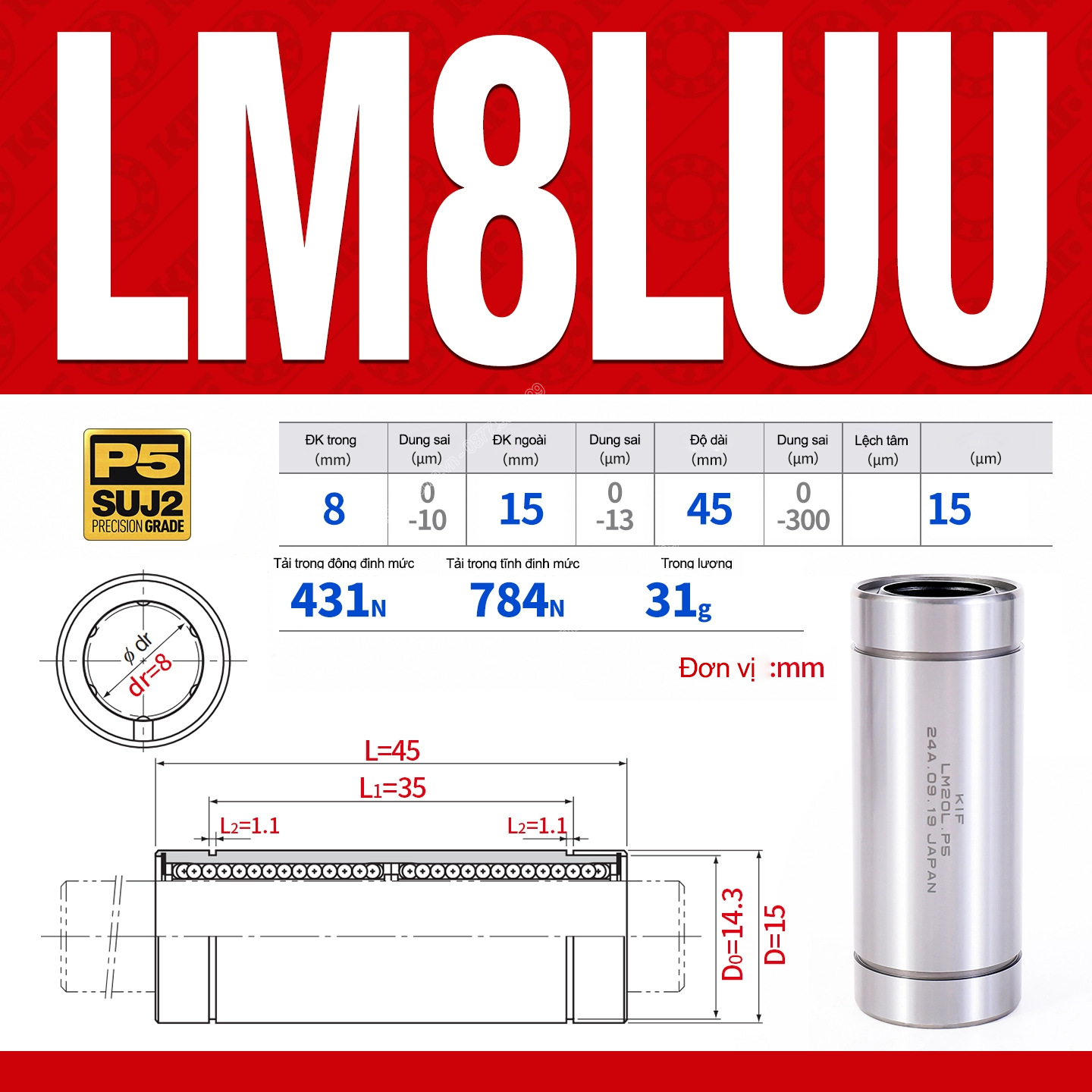 Con trượt tròn thân dài LM8LUU (Bi trượt tròn)