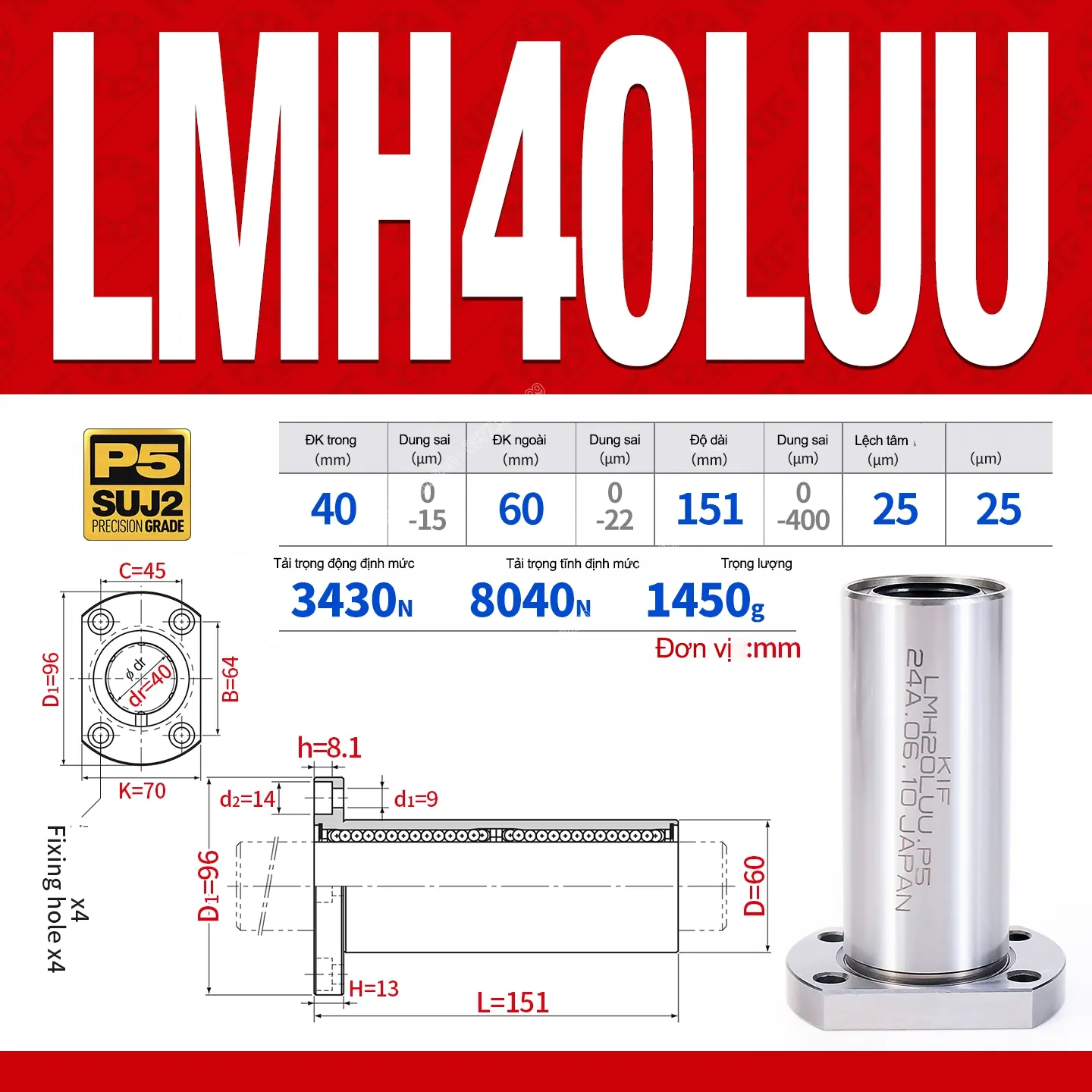Con trượt tròn mặt bích Oval thân dài LMH40LUU (Bi trượt tròn)