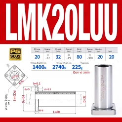 Con trượt tròn mặt bích vuông thân ngắn LMK20UU (Bi trượt tròn)
