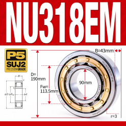 Vòng bi đũa - bạc đạn đũa trụ NU318EM (Trục tự do - lồng cách bi Đồng - kt 90*190*43 mm)