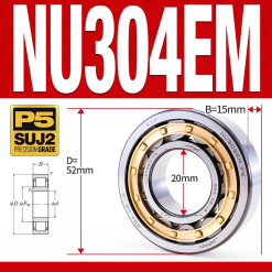 Vòng bi đũa - bạc đạn đũa trụ NU304EM (Trục tự do - lồng cách bi Đồng - kt 0*52*15 mm)