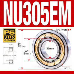 Vòng bi đũa - bạc đạn đũa trụ NU305EM (Trục tự do - lồng cách bi Đồng - kt 25*62*17 mm)