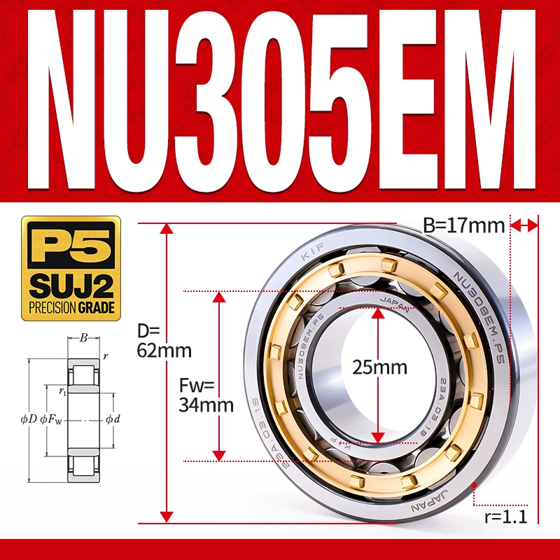 Vòng bi đũa - bạc đạn đũa trụ NU305EM (Trục tự do - lồng cách bi Đồng - kt 25*62*17 mm)