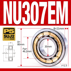 Vòng bi đũa - bạc đạn đũa trụ NU307EM (Trục tự do - lồng cách bi Đồng - kt 35*80*21 mm)
