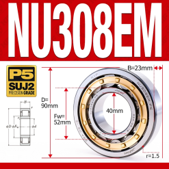 Vòng bi đũa - bạc đạn đũa trụ NU308EM (Trục tự do - lồng cách bi Đồng - kt 40*90*23 mm)