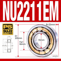 Vòng bi đũa - bạc đạn đũa trụ NU2211EM (Trục tự do - lồng cách bi Đồng - kt 55*100*25 mm)