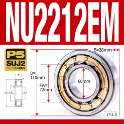 Vòng bi đũa - bạc đạn đũa trụ NU2212EM (Trục tự do - lồng cách bi Đồng - kt 60*110*28 mm)