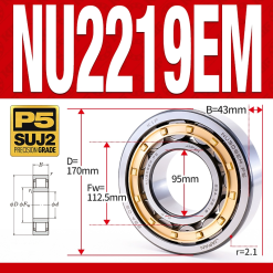 Vòng bi đũa - bạc đạn đũa trụ NU2219EM (Trục tự do - lồng cách bi Đồng - kt 95*170*43 mm)