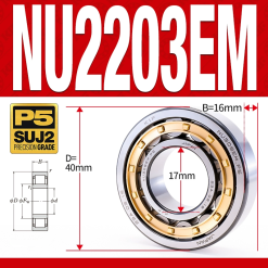 Vòng bi đũa - bạc đạn đũa trụ NU2203EM (Trục tự do - lồng cách bi Đồng - kt 17*40*16 mm)