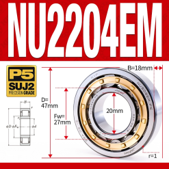 Vòng bi đũa - bạc đạn đũa trụ NU2204EM (Trục tự do - lồng cách bi Đồng - kt 20*47*18 mm)
