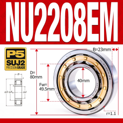 Vòng bi đũa - bạc đạn đũa trụ NU2208EM (Trục tự do - lồng cách bi Đồng - kt 40*80*23 mm)