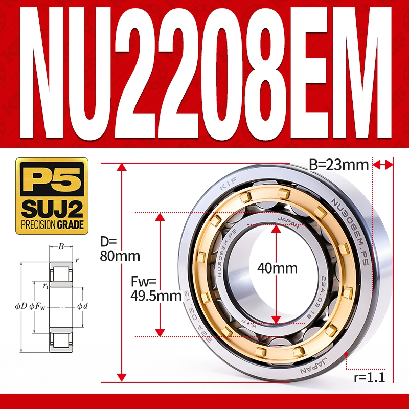Vòng bi đũa - bạc đạn đũa trụ NU2208EM (Trục tự do - lồng cách bi Đồng - kt 40*80*23 mm)