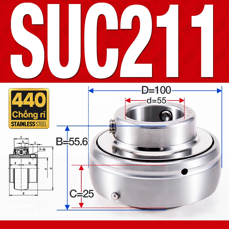 Vòng bi gối SUC211 (Inox 440C - Đường kính trong 55 mm)