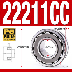 Vòng bi cà na tự lựa 2 dãy - bạc đạn cà na 22211CC/W33 (Có rãnh bôi trơn - lồng cách bi Thép - kt 55*100*25 mm)