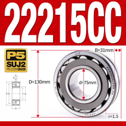 Vòng bi cà na tự lựa 2 dãy - bạc đạn cà na 22215CC/W33 (Có rãnh bôi trơn - lồng cách bi Thép - kt 75*130*31 mm)