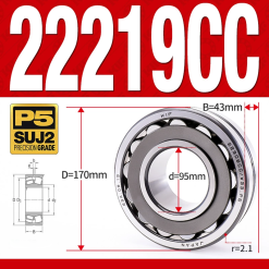 Vòng bi cà na tự lựa 2 dãy - bạc đạn cà na 22219CC/W33 (Có rãnh bôi trơn - lồng cách bi Thép - kt 95*170*43 mm)