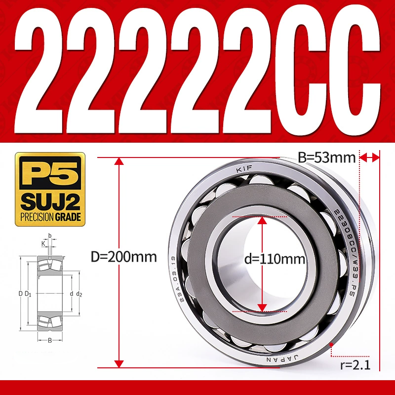 Vòng bi cà na tự lựa 2 dãy - bạc đạn cà na 22222CC/W33 (Có rãnh bôi trơn - lồng cách bi Thép - kt 10*200*53 mm)