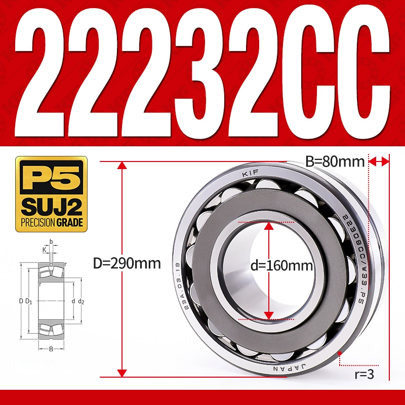 Vòng bi cà na tự lựa 2 dãy - bạc đạn cà na 22232CC/W33 (Có rãnh bôi trơn - lồng cách bi Thép - kt 60*290*80 mm)