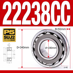 Vòng bi cà na tự lựa 2 dãy - bạc đạn cà na 22238CC/W33 (Có rãnh bôi trơn - lồng cách bi Thép - kt 90*340*92 mm)