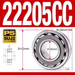 Vòng bi cà na tự lựa 2 dãy - bạc đạn cà na 22205CC/W33 (Có rãnh bôi trơn - lồng cách bi Thép - kt 25*52*18 mm)