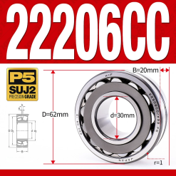 Vòng bi cà na tự lựa 2 dãy - bạc đạn cà na 22206CC/W33 (Có rãnh bôi trơn - lồng cách bi Thép - kt 30*62*20 mm)