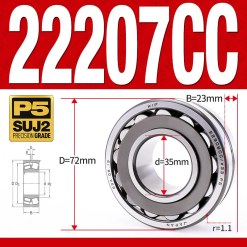 Vòng bi cà na tự lựa 2 dãy - bạc đạn cà na 22207CC/W33 (Có rãnh bôi trơn - lồng cách bi Thép - kt 35*72*23 mm)