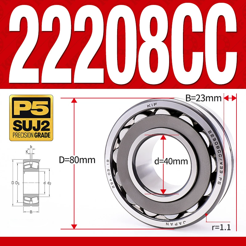 Vòng bi cà na tự lựa 2 dãy - bạc đạn cà na 22208CC/W33 (Có rãnh bôi trơn - lồng cách bi Thép - kt 40*80*23 mm)