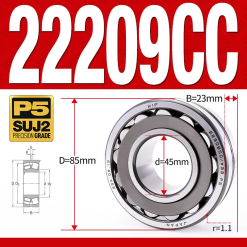 Vòng bi cà na tự lựa 2 dãy - bạc đạn cà na 22209CC/W33 (Có rãnh bôi trơn - lồng cách bi Thép - kt 45*85*23 mm)