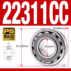 Vòng bi cà na tự lựa 2 dãy - bạc đạn cà na 22311CC/W33 (Có rãnh bôi trơn - lồng cách bi Thép - kt 55*120*43 mm)