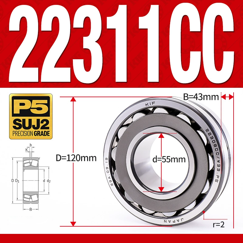 Vòng bi cà na tự lựa 2 dãy - bạc đạn cà na 22311CC/W33 (Có rãnh bôi trơn - lồng cách bi Thép - kt 55*120*43 mm)